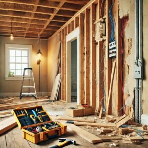A residential interior under renovation, featuring torn drywall revealing wooden framing, wiring, and construction tools like a hammer and toolbox in a well-lit environment.