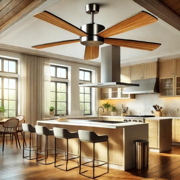 A modern kitchen with a professionally installed ceiling fan featuring sleek wooden blades, centered above a stylish island with barstools and stainless steel appliances.