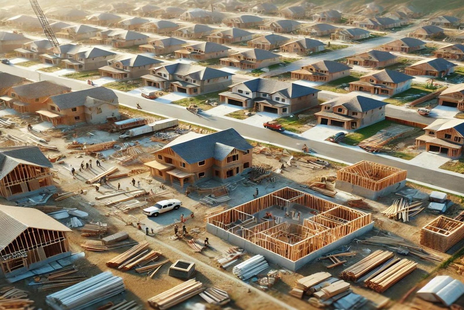 Aerial view of a large residential development site with multiple houses in different stages of construction, workers on-site, construction cranes, and scattered building materials."