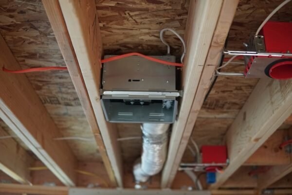 Fire-rated recessed lighting and bathroom exhaust installation in a new construction project by LAProElectrical.
