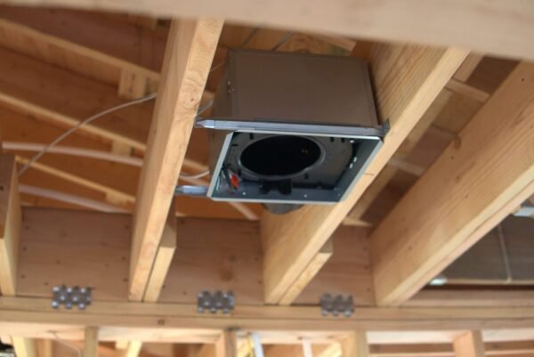 Professionally installed bathroom exhaust fan system in a new construction ADU by LA Pro Electrical, ensuring proper ventilation and moisture control.