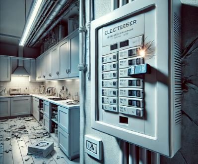 A residential electrical breaker panel with one breaker tripped to the off position, surrounded by signs of wear and frequent use in a well-lit utility room.