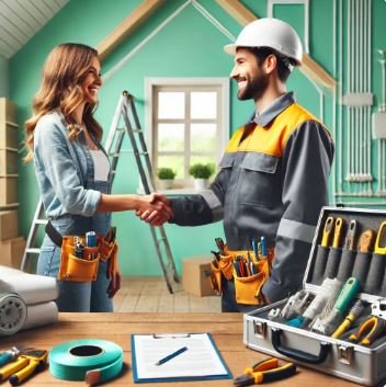 Professional electrician in uniform shaking hands with a smiling homeowner in front of a home construction site, with tools and materials neatly arranged in the background.