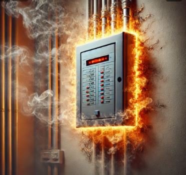 An overheating residential electrical panel emitting a faint glowing heat and surrounded by wisps of smoke, mounted on a wall with visible wires in a dimly lit utility room.