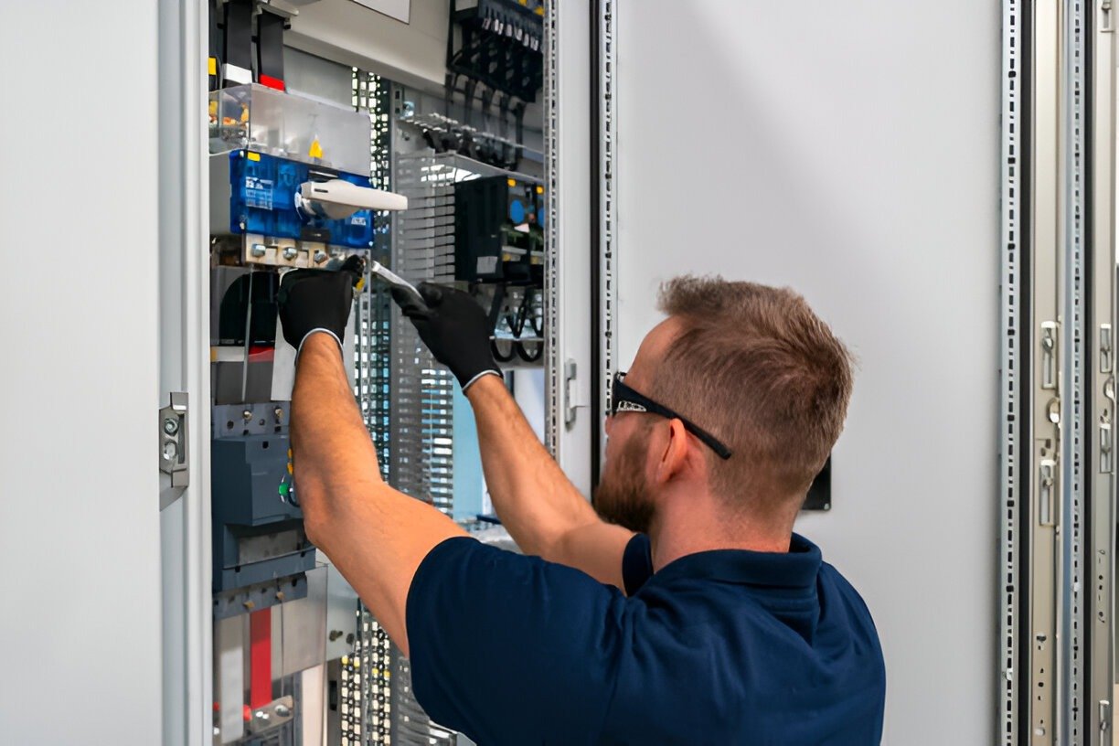 Electrician working on a residential electrical panel.