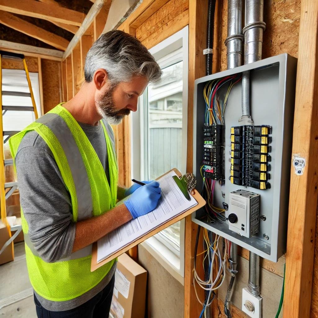 City inspector examining the electrical system of an ADU, checking an electrical panel and wiring inside a newly constructed unit.