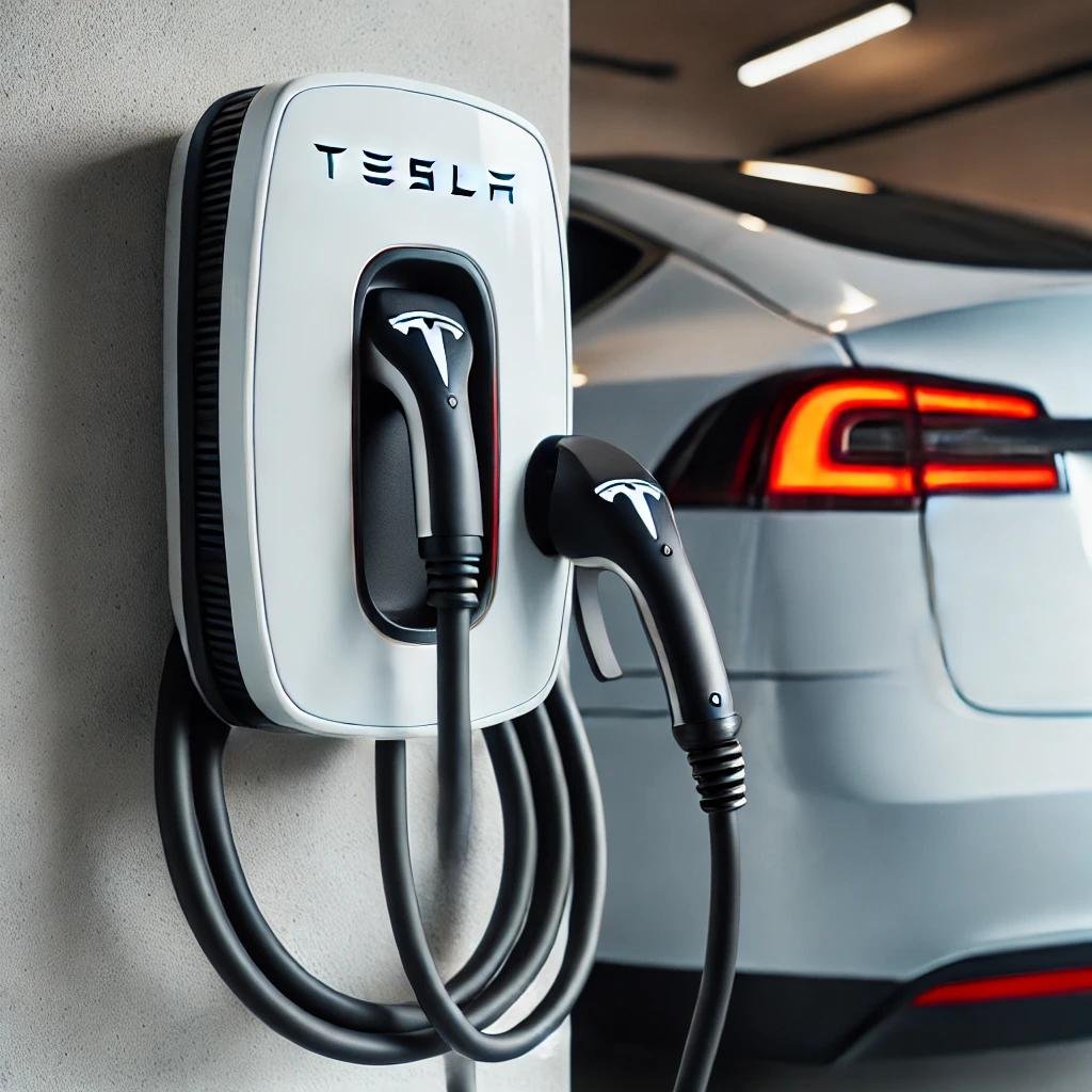 A Tesla Wall Connector mounted on a garage wall with a neatly wrapped charging cable, showcasing a clean and modern EV charging setup.