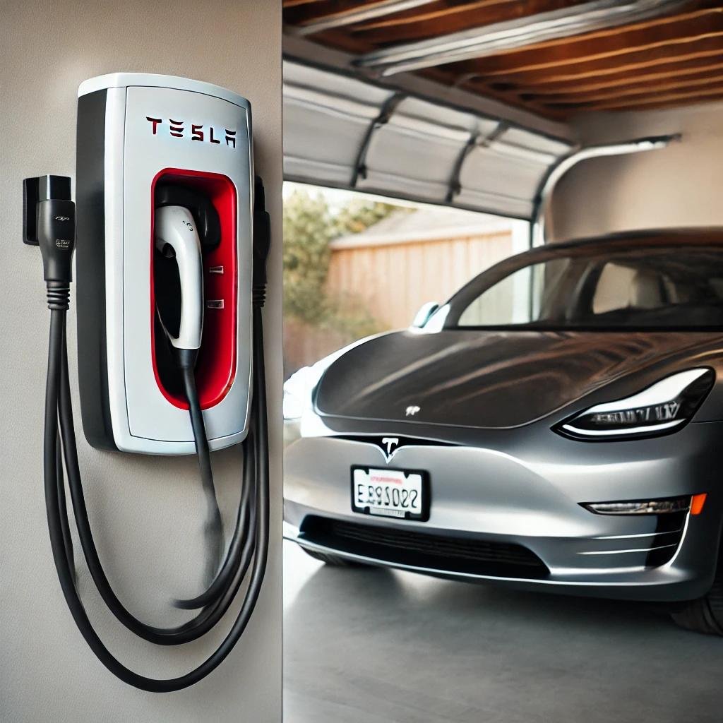 A Tesla Wall Connector mounted on a garage wall with a neatly wrapped charging cable, showcasing a modern and efficient EV charging setup.