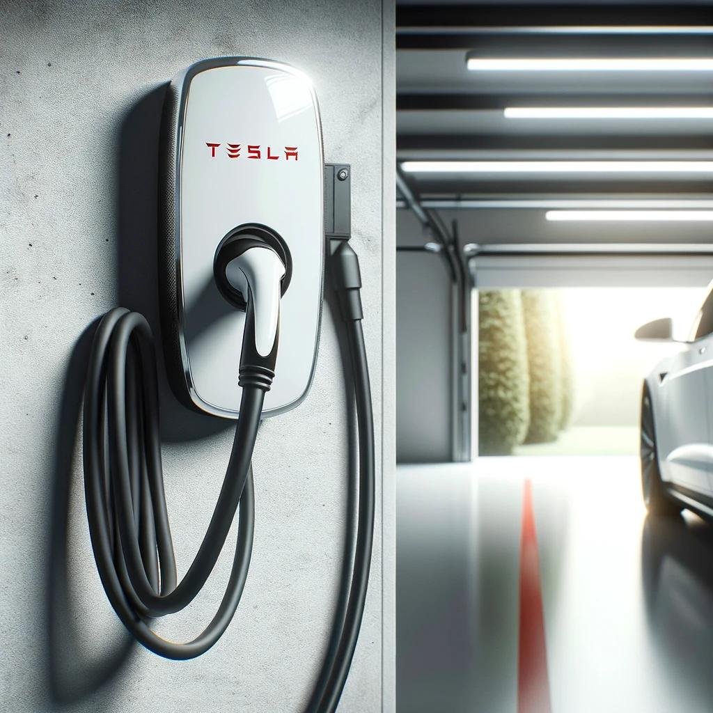 Tesla Wall Connector mounted on a garage wall with a neatly wrapped charging cable, providing a clean and efficient home EV charging setup.