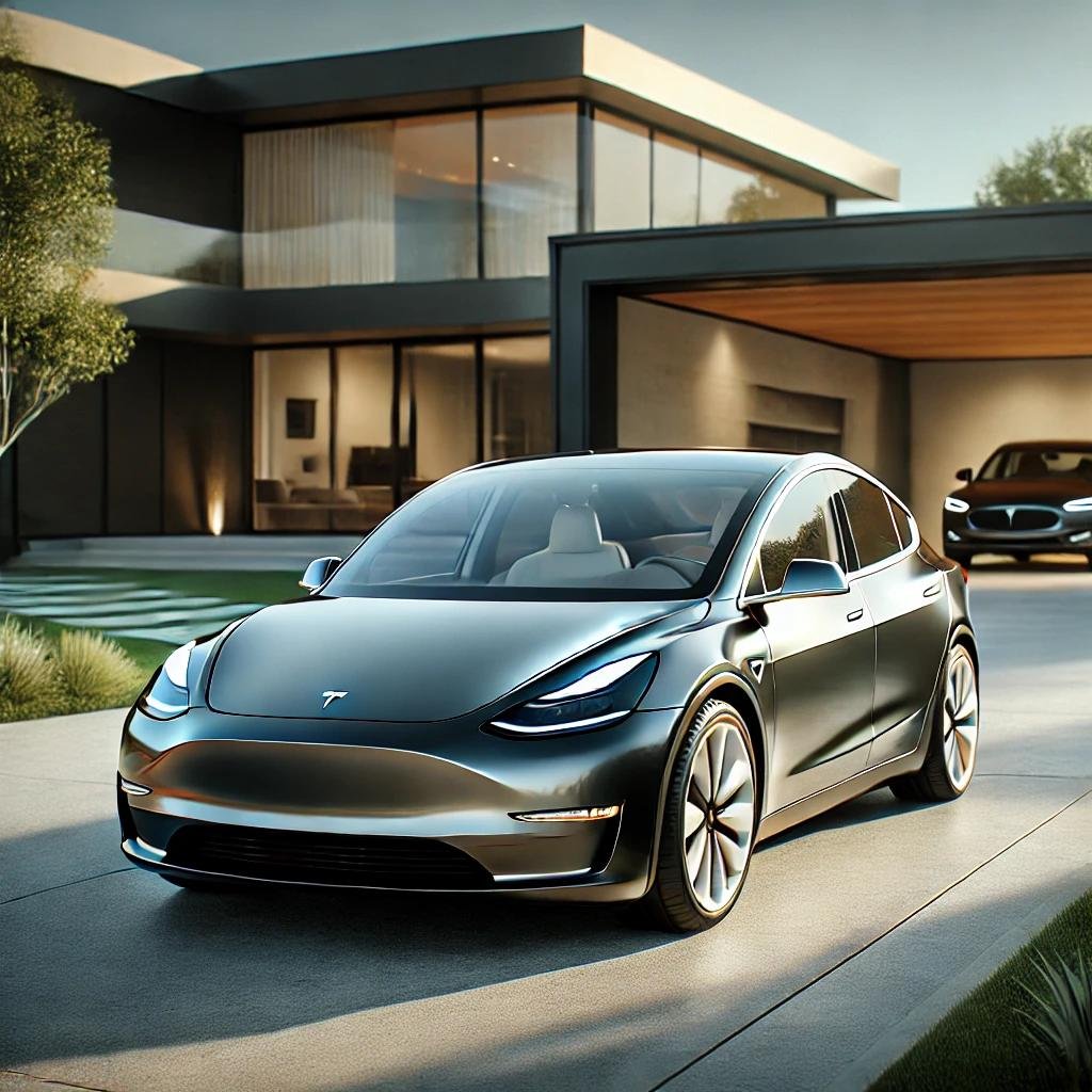 A Tesla Model Y parked in a modern driveway in front of a contemporary home, showcasing its sleek and futuristic design.