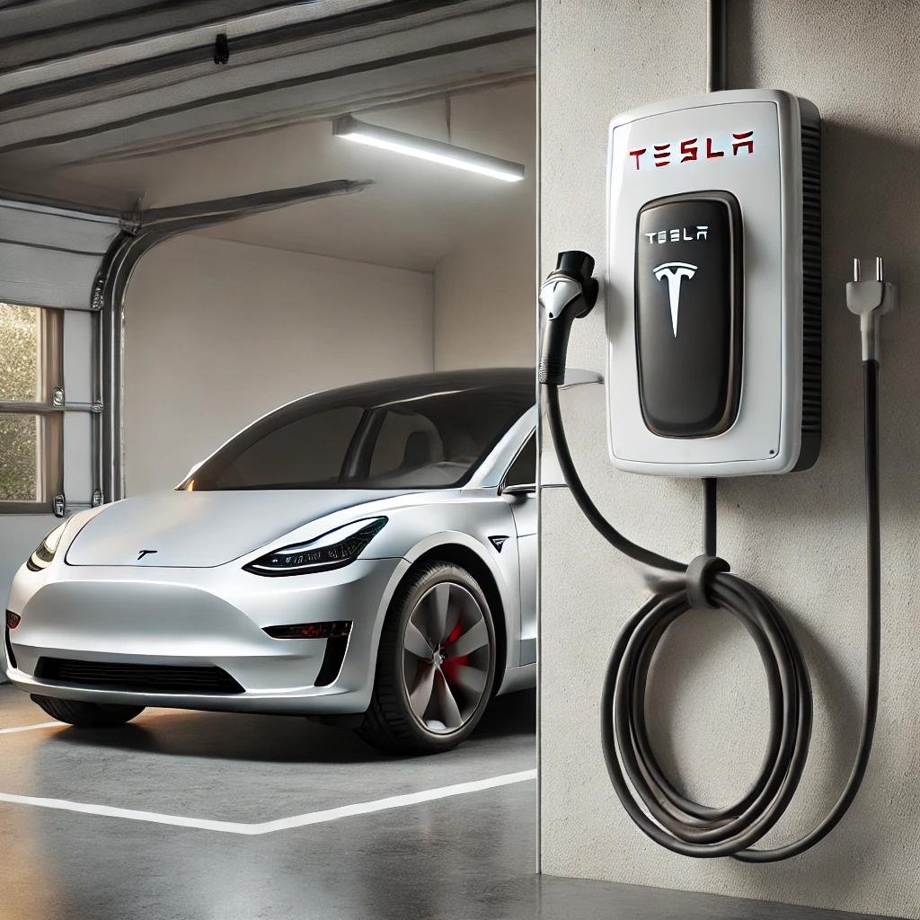 A Tesla Wall Connector installed on a garage wall, with a neatly wrapped charging cable and a Tesla vehicle parked nearby, ready for charging.