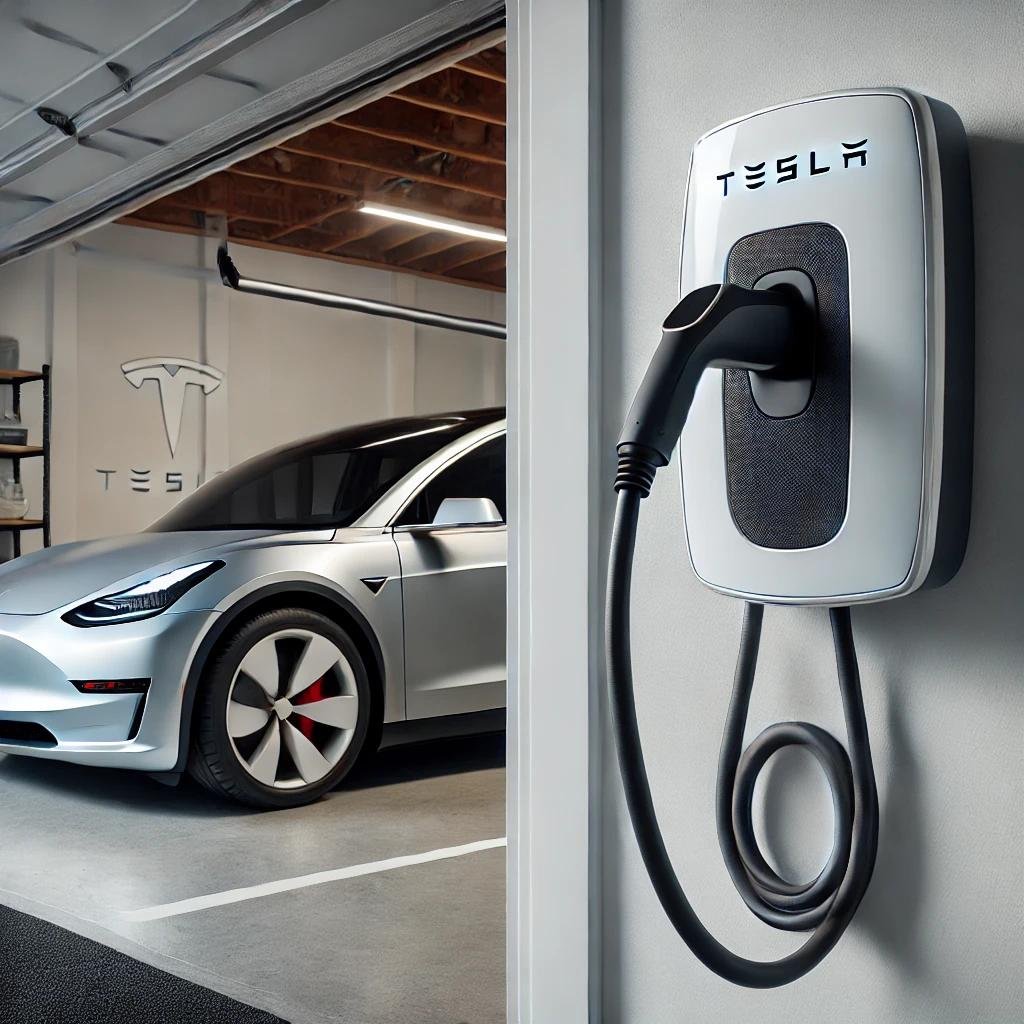 A Tesla Wall Connector mounted on a garage wall with a neatly wrapped charging cable, providing a sleek and efficient home EV charging solution.