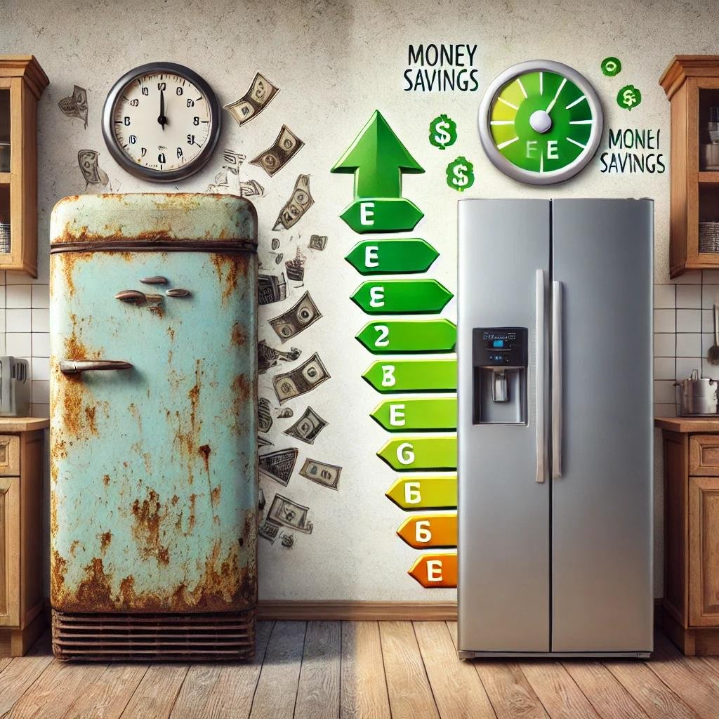 Comparison of an old, energy-draining refrigerator with a modern energy-efficient one, highlighting the cost savings of upgrading appliances.