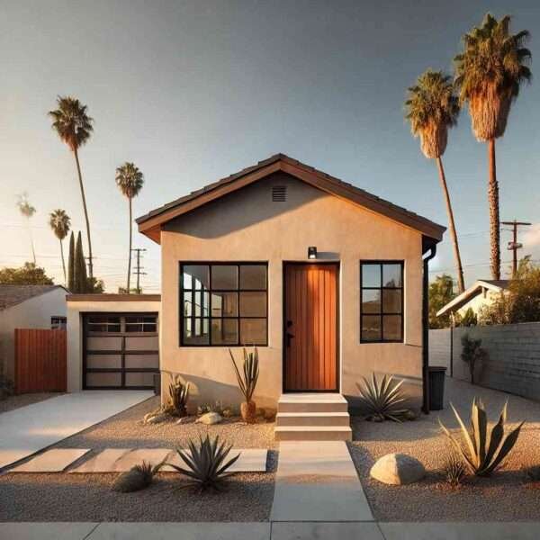 Modern 500 sq ft ADU with gable roof in Los Angeles surrounded by desert landscaping and palm trees.