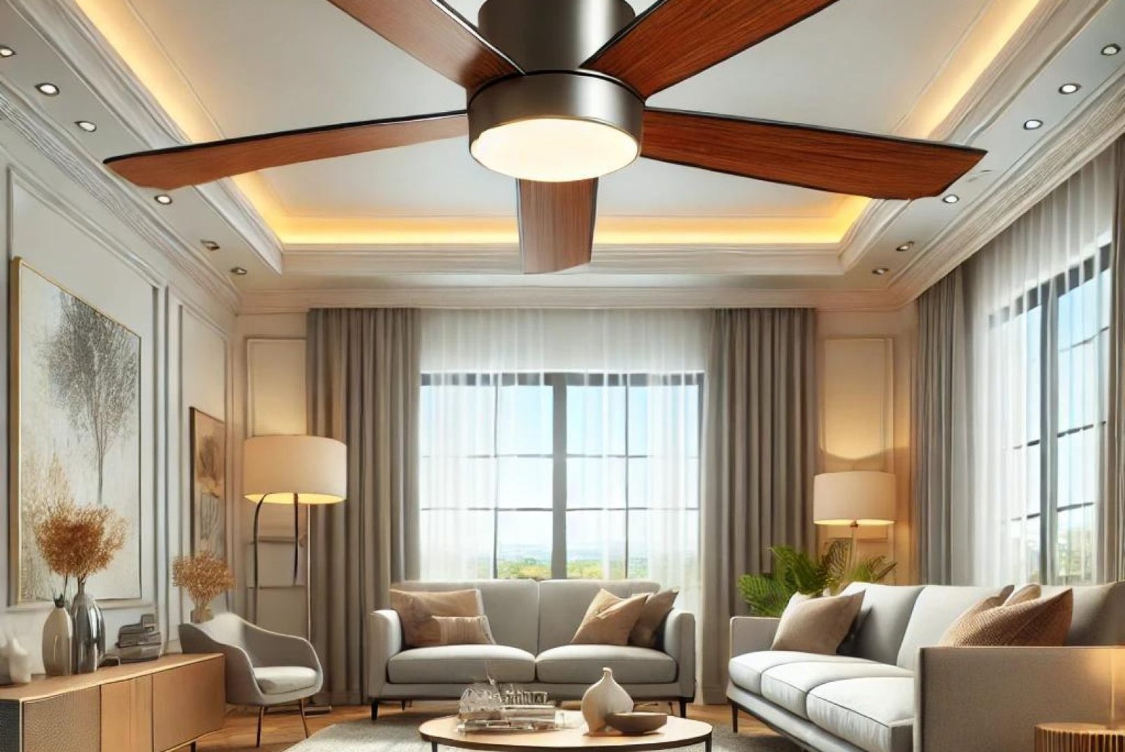 A modern living room with a professionally installed ceiling fan featuring wooden blades and a built-in light, enhancing airflow, energy efficiency, and style.