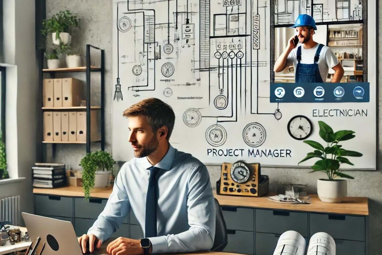 A professional project manager working at a desk with a laptop, overseeing an electrical project while communicating with an electrician on a video call. The background features a whiteboard with project timelines and electrical schematics.