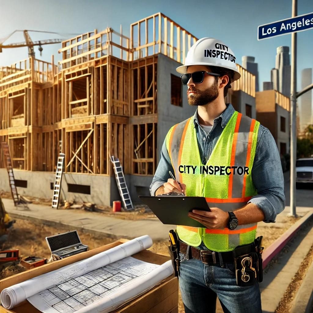 A city inspector in Los Angeles, CA, standing at a construction site with a clipboard, reviewing plans near a partially constructed residential building with wooden framing.