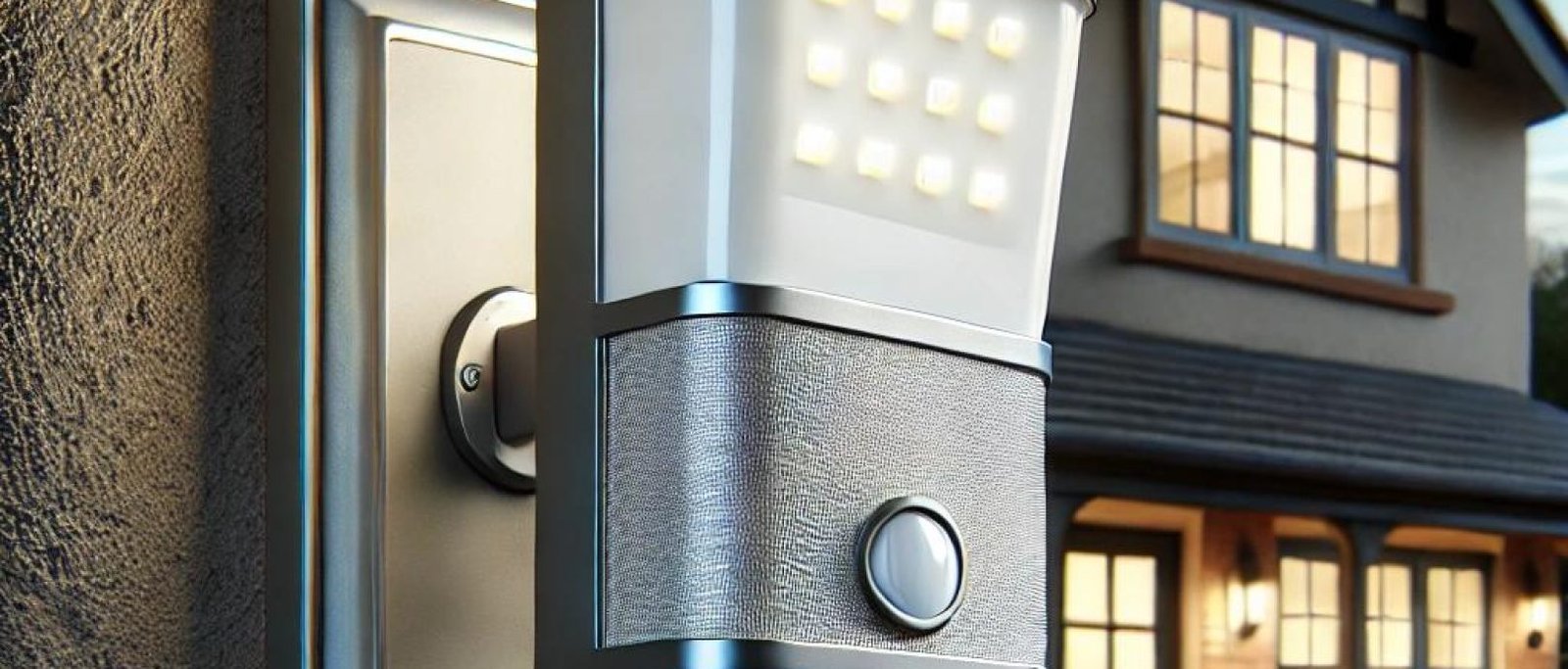 LED motion sensor light mounted on the exterior wall of a residential property during dusk, casting a soft glow with a landscaped garden in the background.