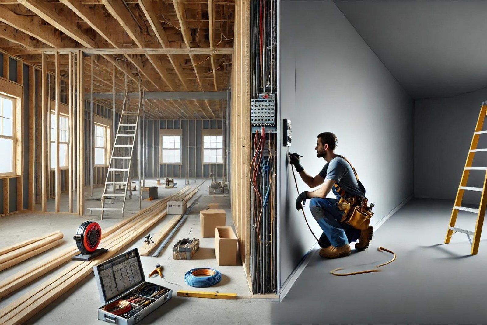 Electrician working on a remodeling electrical service job, with one side showcasing finished drywall and the other exposing new construction wood framing.