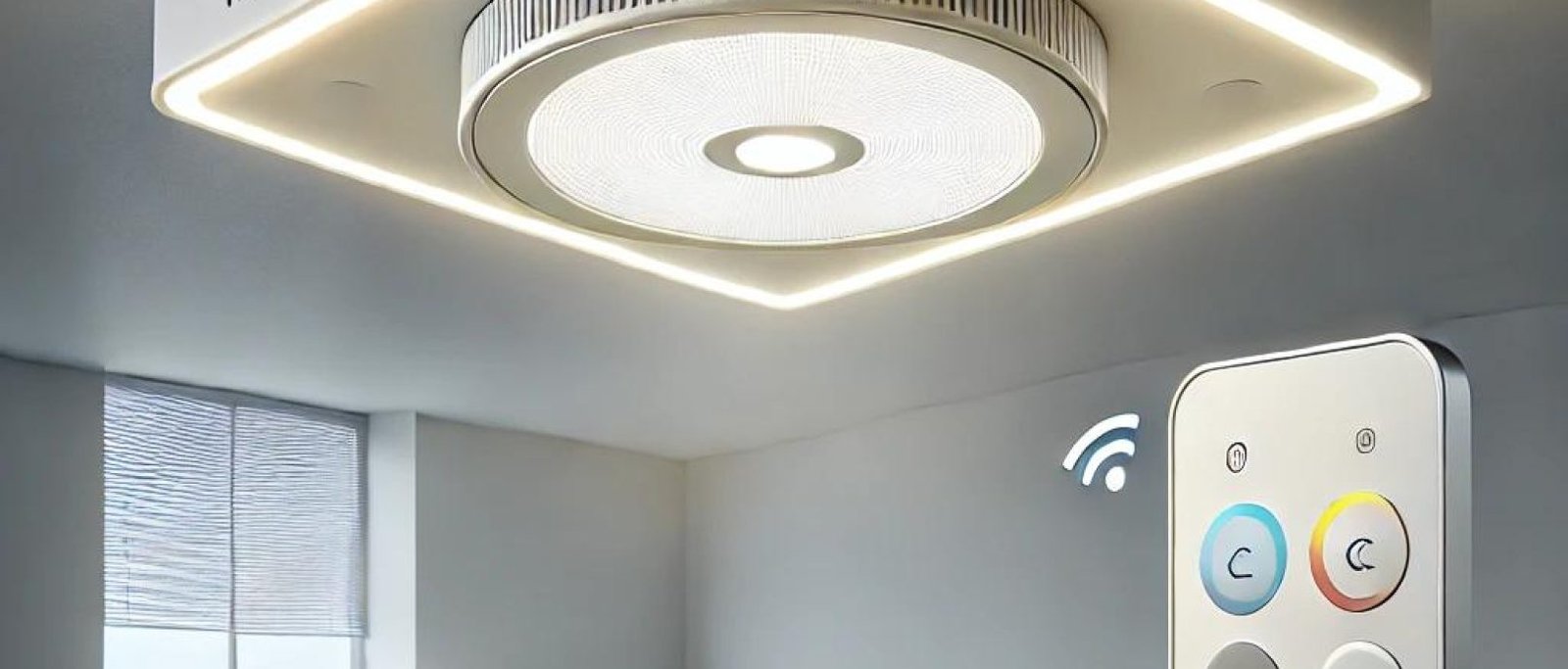 A dimmable motion sensor ceiling light with a square design, featuring adjustable brightness, motion detection, and a remote control for easy operation.