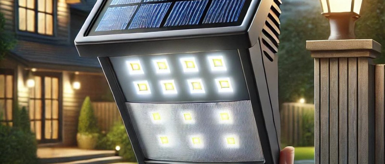 Solar motion sensor light with a black frame, solar panel on top, and bright LED lights, illuminating a garden pathway during dusk.