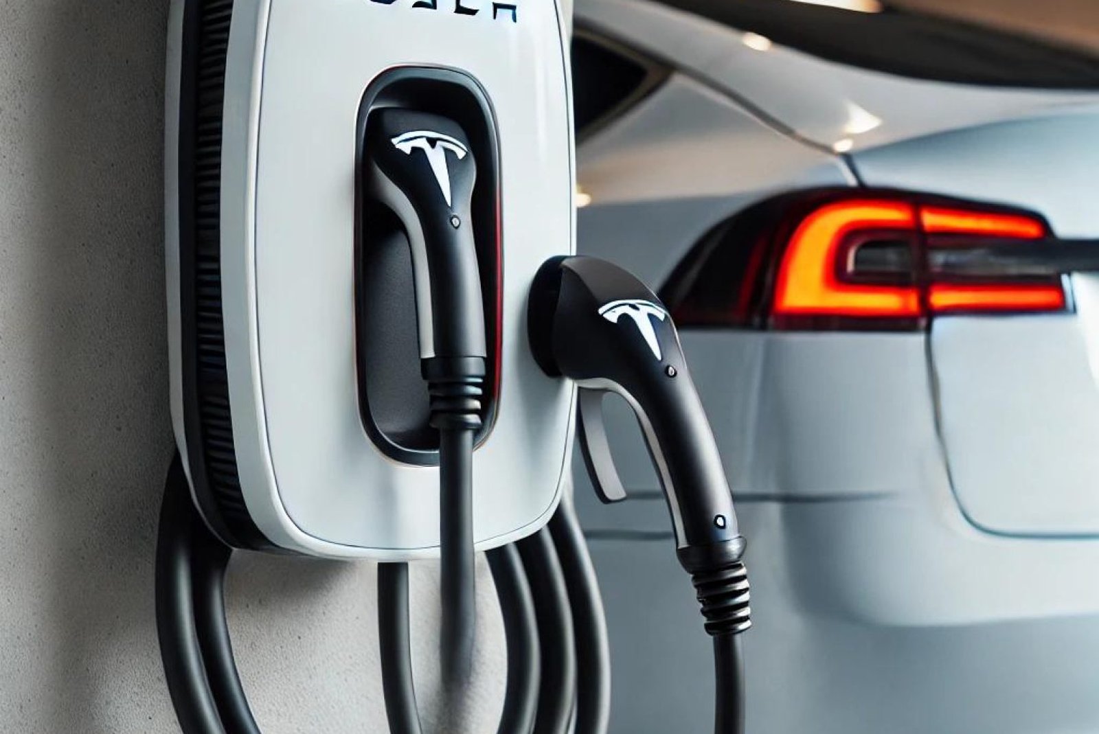 A Tesla Wall Connector mounted on a garage wall with a neatly wrapped charging cable, showcasing a clean and modern EV charging setup.