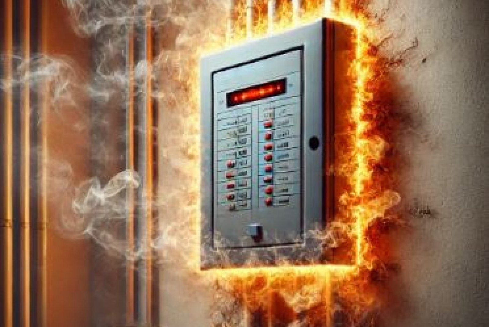 An overheating residential electrical panel emitting a faint glowing heat and surrounded by wisps of smoke, mounted on a wall with visible wires in a dimly lit utility room.