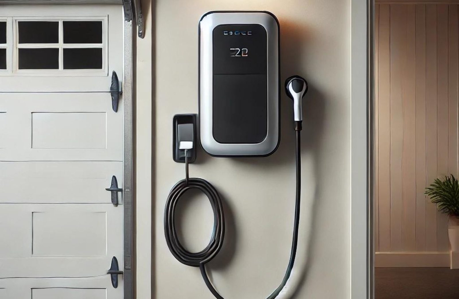 A sleek EV charger mounted on the wall of a clean and modern residential garage, with its charging cable neatly coiled.